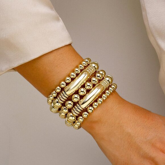 Gold Plated Bead Ball Stretch Bracelets Set for Women Gifts Jewelry - Picture 5 of 7